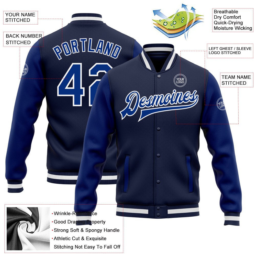 Custom Navy Royal-White Bomber Full-Snap Varsity Letterman Two Tone Jacket view 5