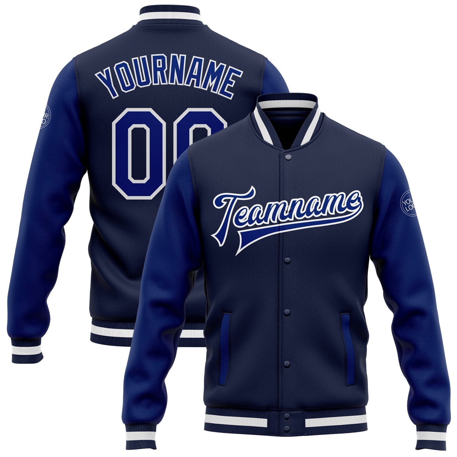 Custom Navy Royal-White Bomber Full-Snap Varsity Letterman Two Tone Jacket - Main View