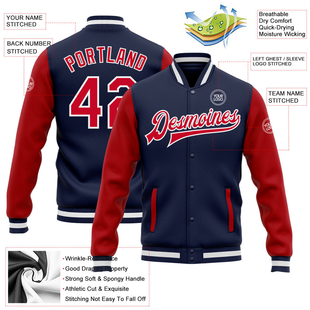 Custom Navy Red-White Bomber Full-Snap Varsity Letterman Two Tone Jacket view 5