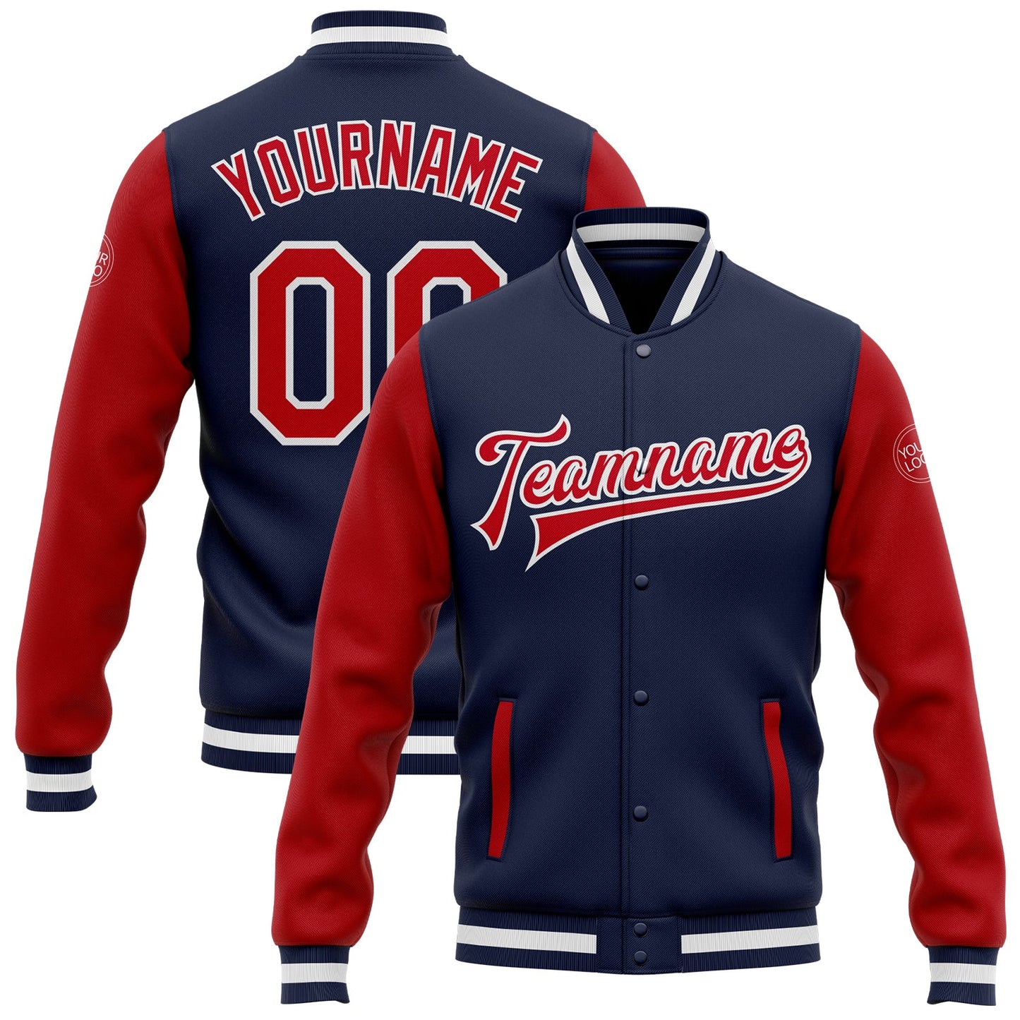 Custom Navy Red-White Bomber Full-Snap Varsity Letterman Two Tone Jacket - Main View