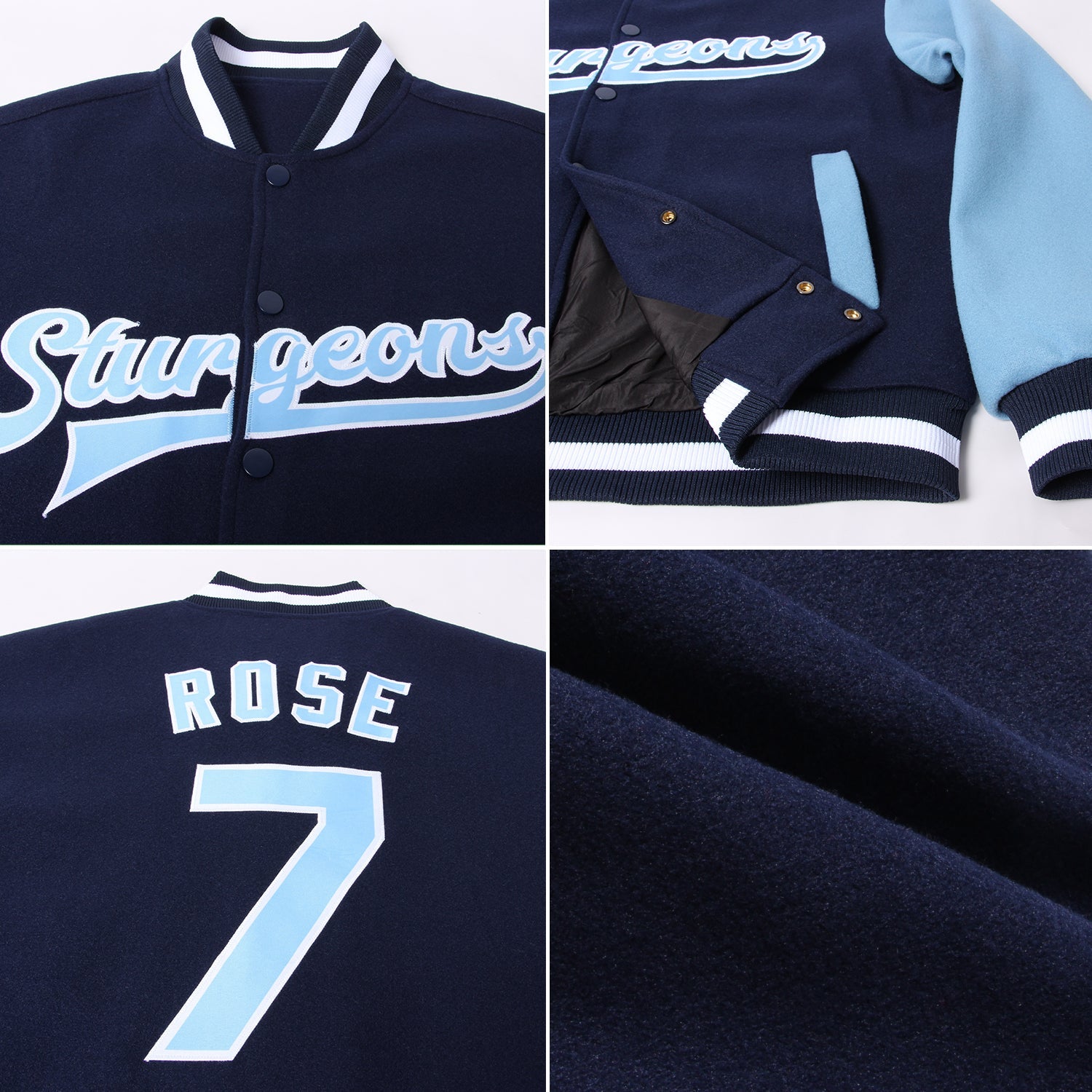 Custom Navy Light Blue-White Bomber Full-Snap Varsity Letterman Two Tone Jacket view 4