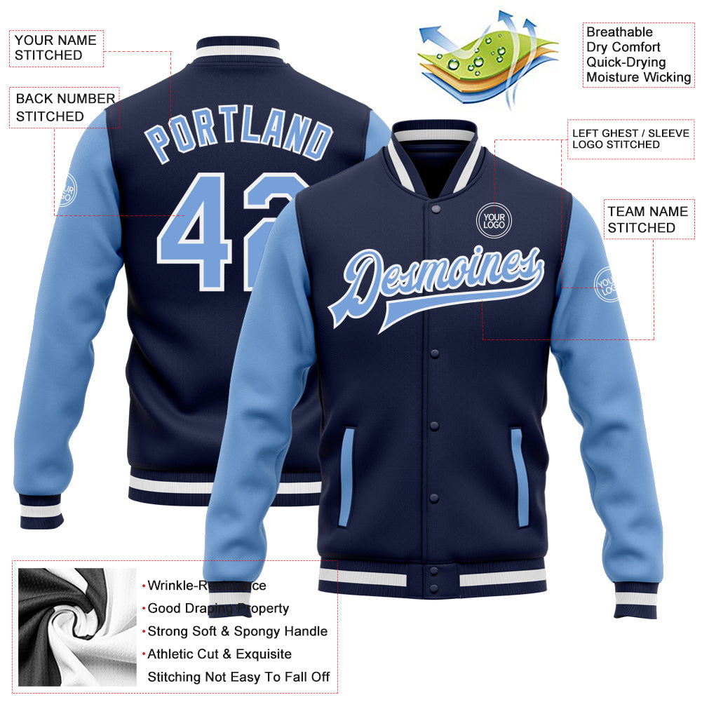 Custom Navy Light Blue-White Bomber Full-Snap Varsity Letterman Two Tone Jacket view 5