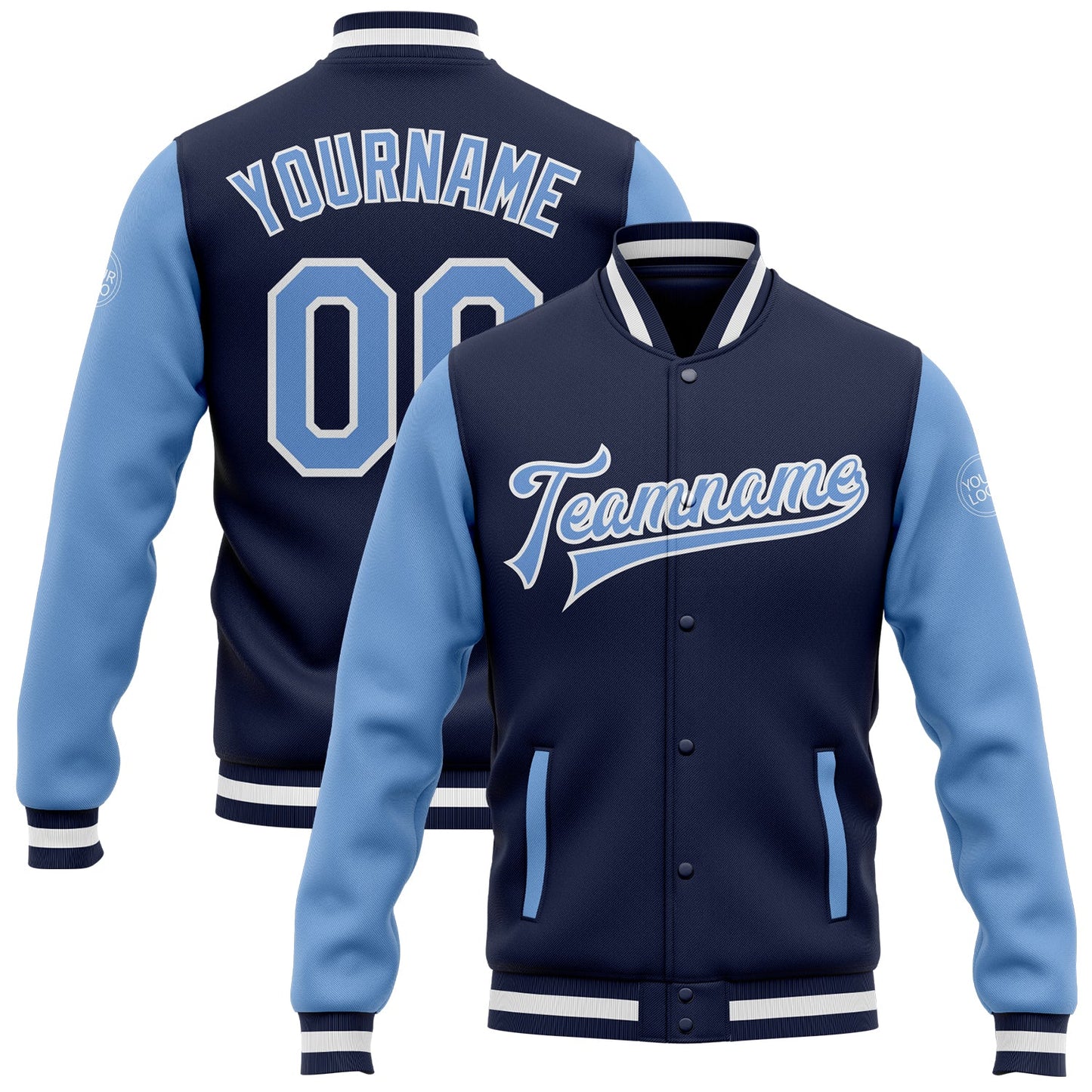 Custom Navy Light Blue-White Bomber Full-Snap Varsity Letterman Two Tone Jacket - Main View