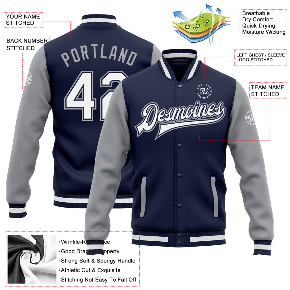 Custom Navy White-Gray Bomber Full-Snap Varsity Letterman Two Tone Jacket view 5