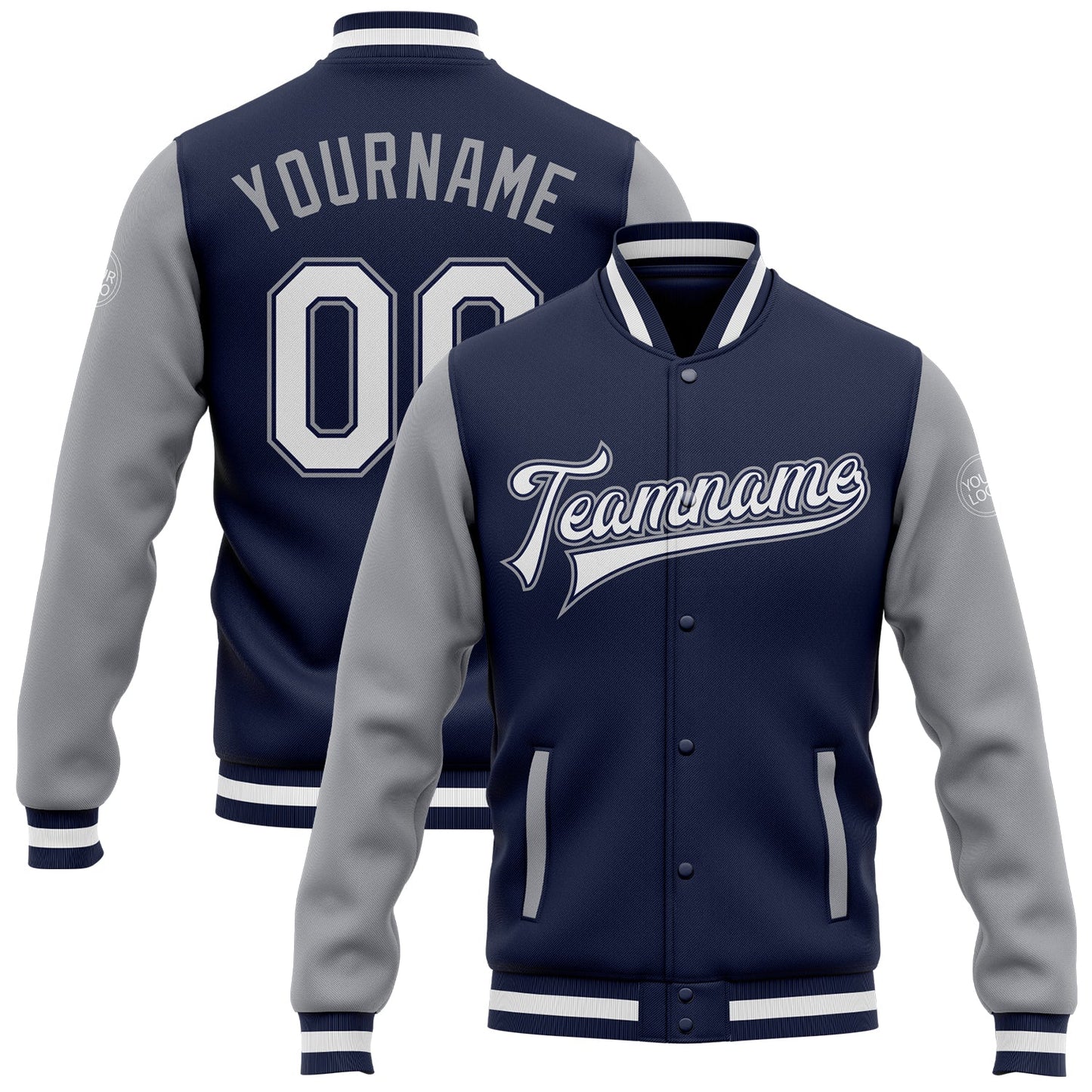 Custom Navy White-Gray Bomber Full-Snap Varsity Letterman Two Tone Jacket - Main View