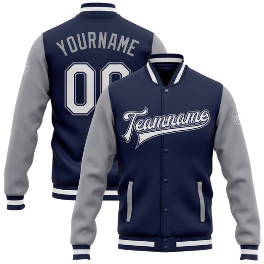 Custom Navy White-Gray Bomber Full-Snap Varsity Letterman Two Tone Jacket - Main View