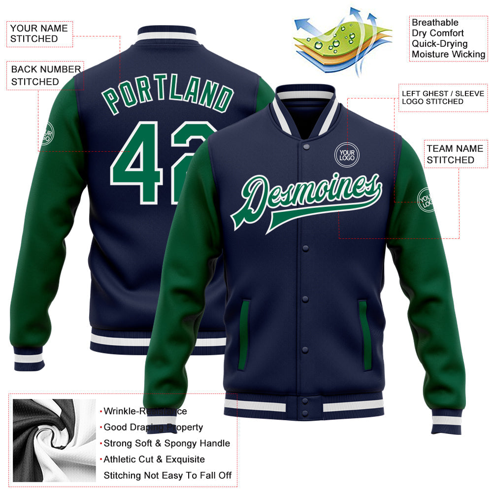 Custom Navy Kelly Green-White Bomber Full-Snap Varsity Letterman Two Tone Jacket view 5