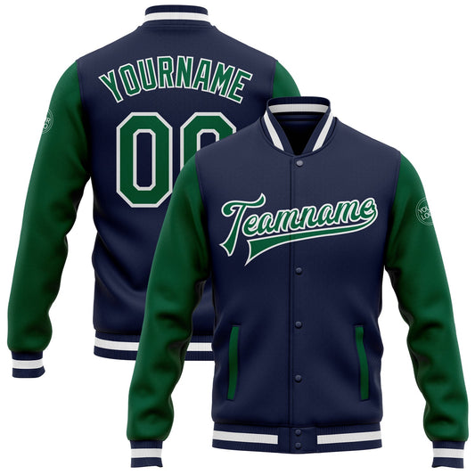Custom Navy Kelly Green-White Bomber Full-Snap Varsity Letterman Two Tone Jacket - Main View