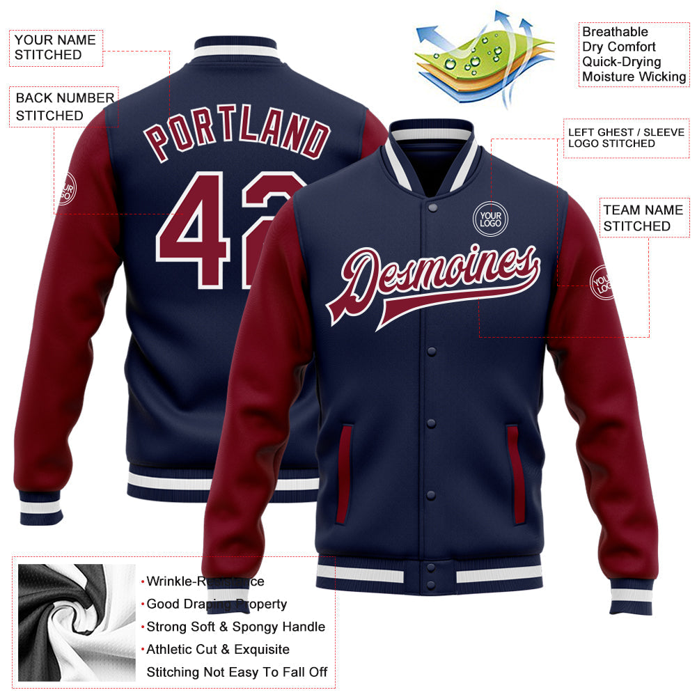 Custom Navy Crimson-White Bomber Full-Snap Varsity Letterman Two Tone Jacket view 5