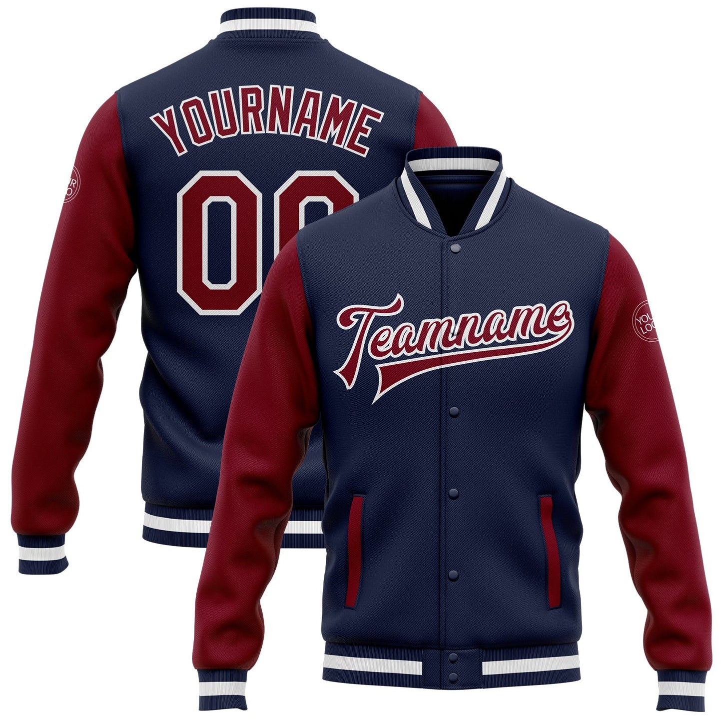 Custom Navy Crimson-White Bomber Full-Snap Varsity Letterman Two Tone Jacket - Main View