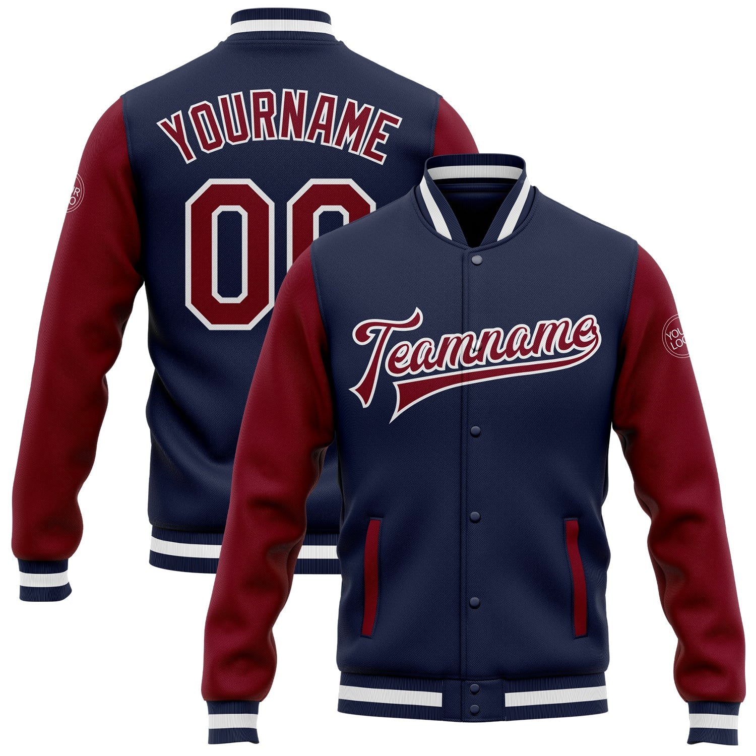 Custom Navy Crimson-White Bomber Full-Snap Varsity Letterman Two Tone Jacket - Main View