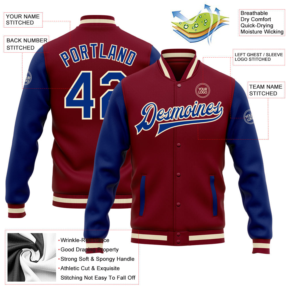 Custom Crimson Royal-White Bomber Full-Snap Varsity Letterman Two Tone Jacket view 5