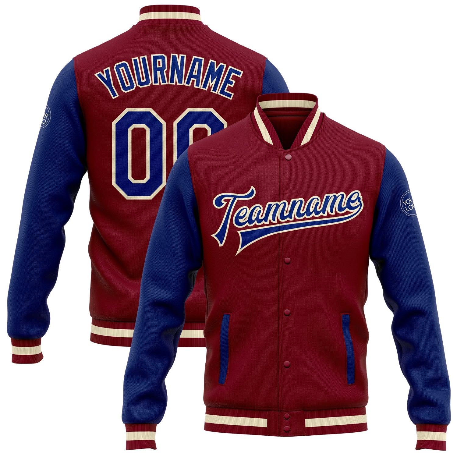 Custom Crimson Royal-White Bomber Full-Snap Varsity Letterman Two Tone Jacket - Main View
