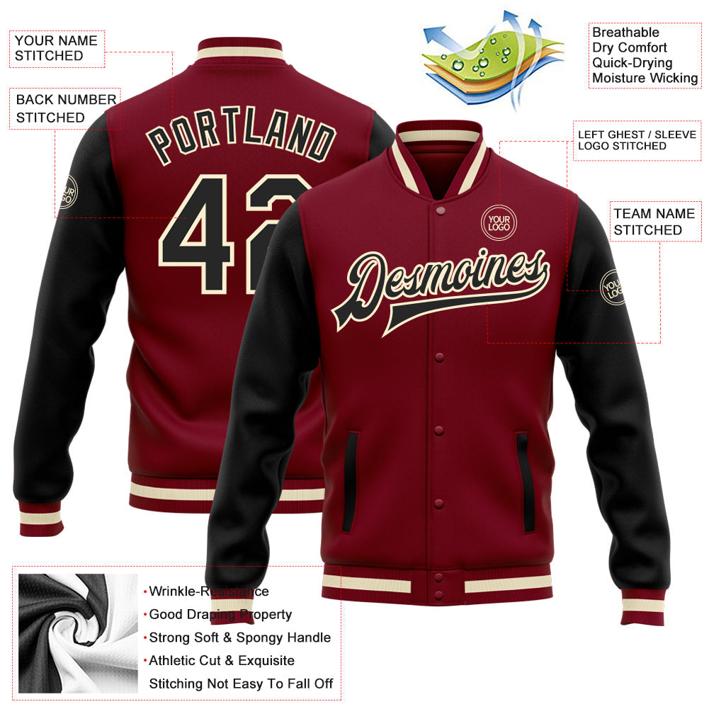 Custom Crimson Black-Cream Bomber Full-Snap Varsity Letterman Two Tone Jacket view 5