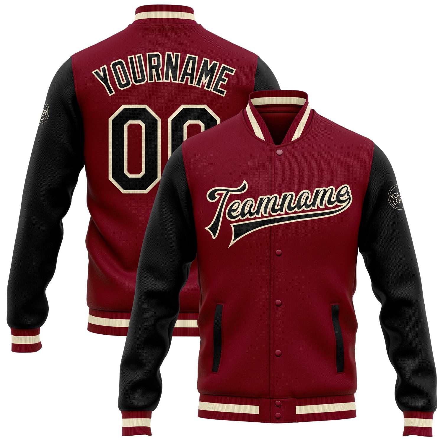 Custom Crimson Black-Cream Bomber Full-Snap Varsity Letterman Two Tone Jacket - Main View