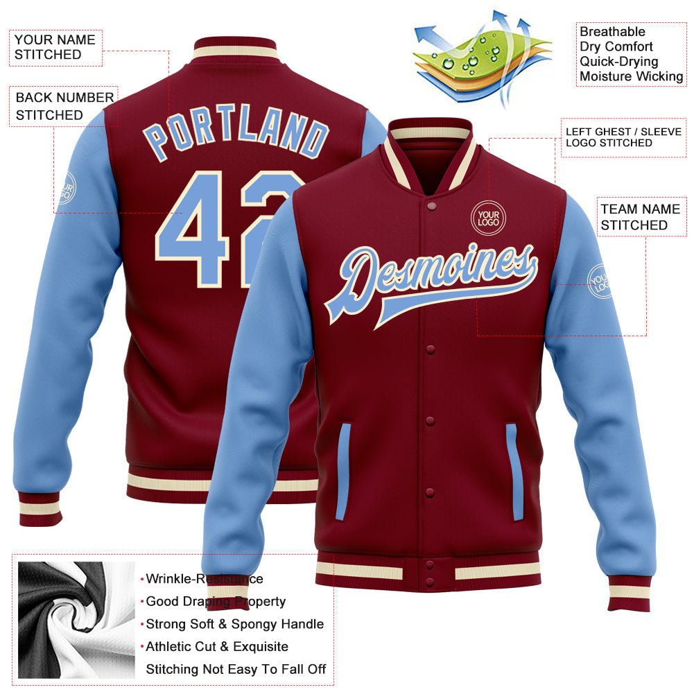 Custom Crimson Light Blue-Cream Bomber Full-Snap Varsity Letterman Two Tone Jacket view 5