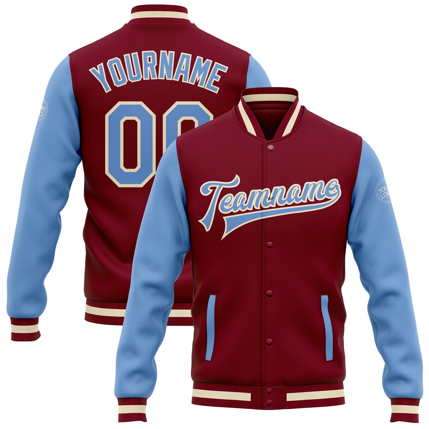 Custom Crimson Light Blue-Cream Bomber Full-Snap Varsity Letterman Two Tone Jacket - Main View