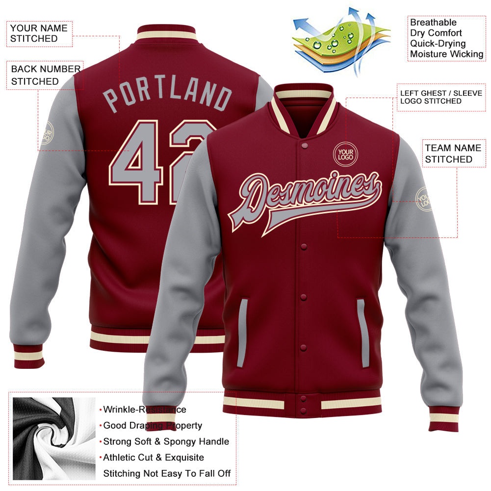 Custom Crimson Gray-Cream Bomber Full-Snap Varsity Letterman Two Tone Jacket view 5