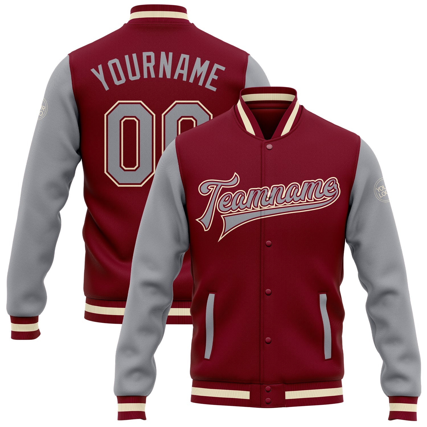 Custom Crimson Gray-Cream Bomber Full-Snap Varsity Letterman Two Tone Jacket - Main View