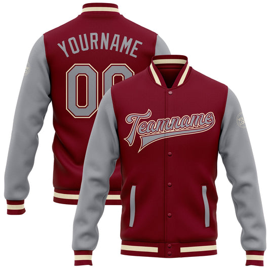 Custom Crimson Gray-Cream Bomber Full-Snap Varsity Letterman Two Tone Jacket - Main View