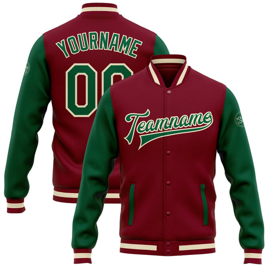 Custom Crimson Kelly Green-Cream Bomber Full-Snap Varsity Letterman Two Tone Jacket - Main View