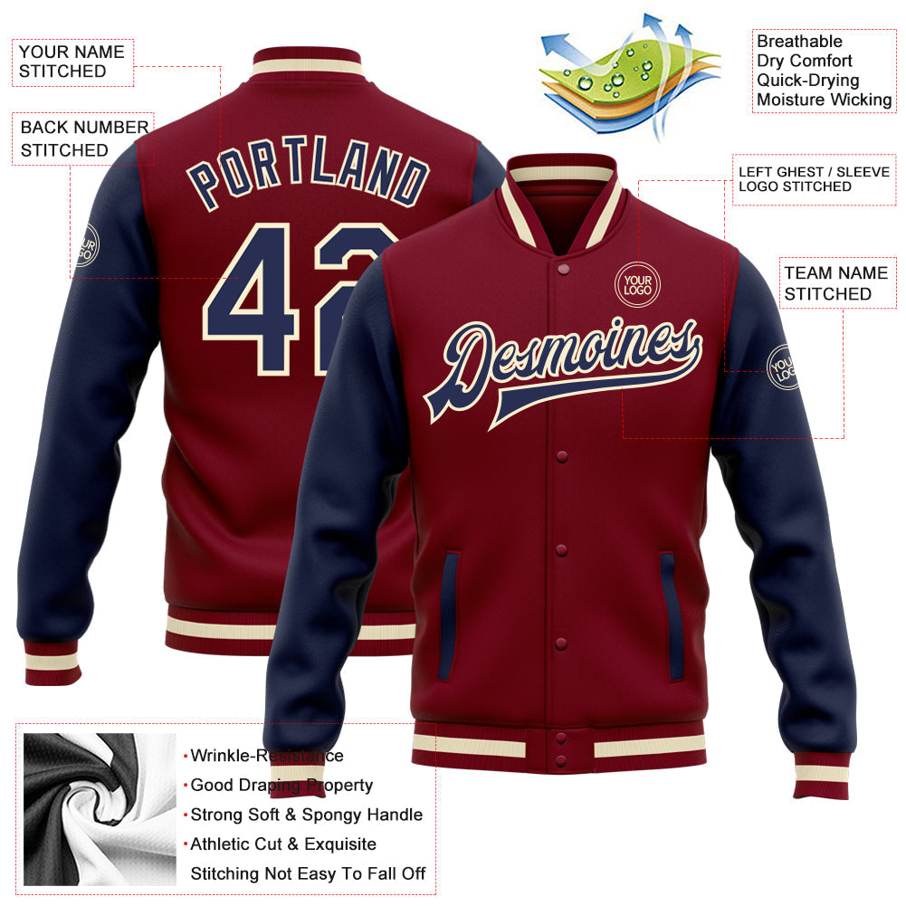 Custom Crimson Navy-Cream Bomber Full-Snap Varsity Letterman Two Tone Jacket view 5