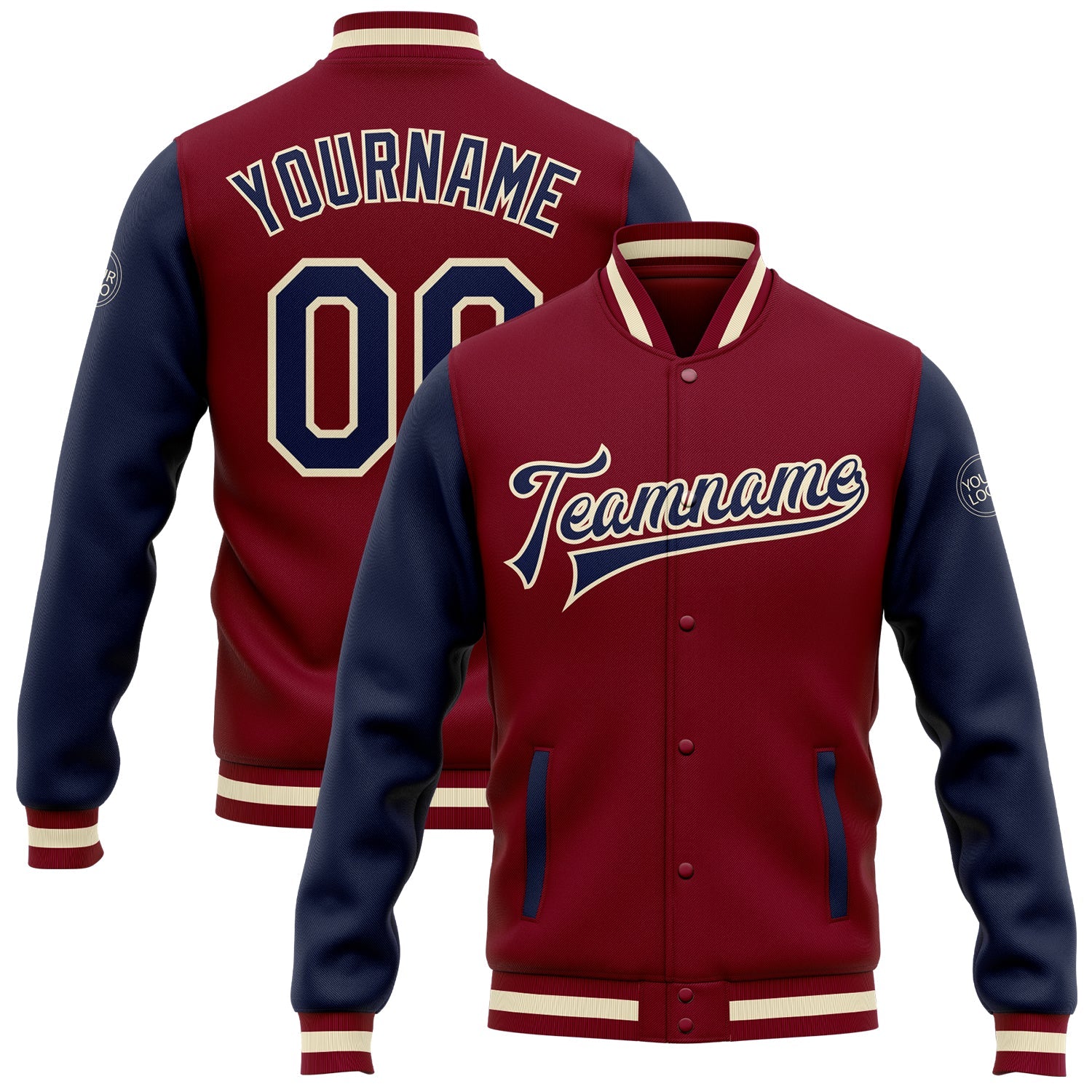 Custom Crimson Navy-Cream Bomber Full-Snap Varsity Letterman Two Tone Jacket - Main View