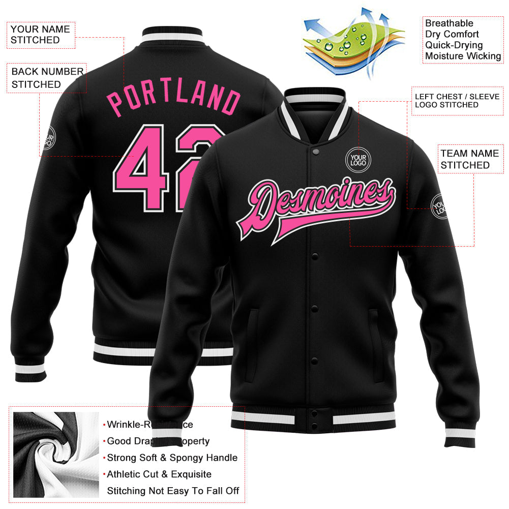 Custom Black Pink-White Bomber Full-Snap Varsity Letterman Jacket view 5