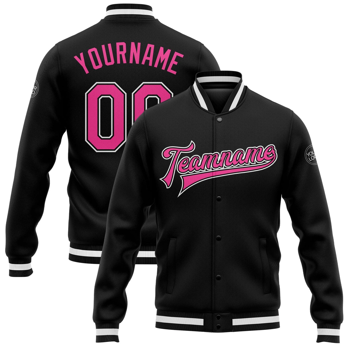 Custom Black Pink-White Bomber Full-Snap Varsity Letterman Jacket - Main View