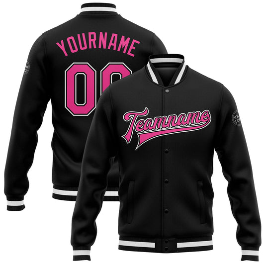 Custom Black Pink-White Bomber Full-Snap Varsity Letterman Jacket - Main View