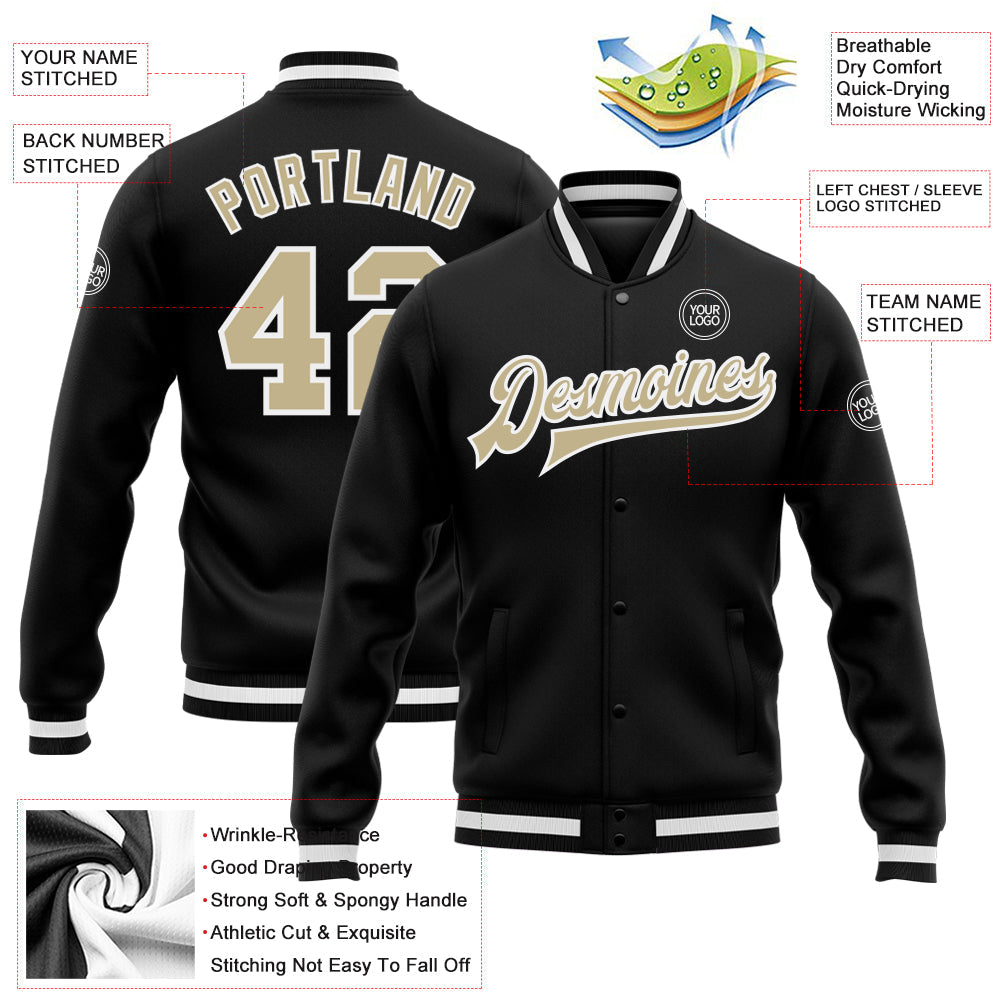 Custom Black Vegas Gold-White Bomber Full-Snap Varsity Letterman Jacket view 5