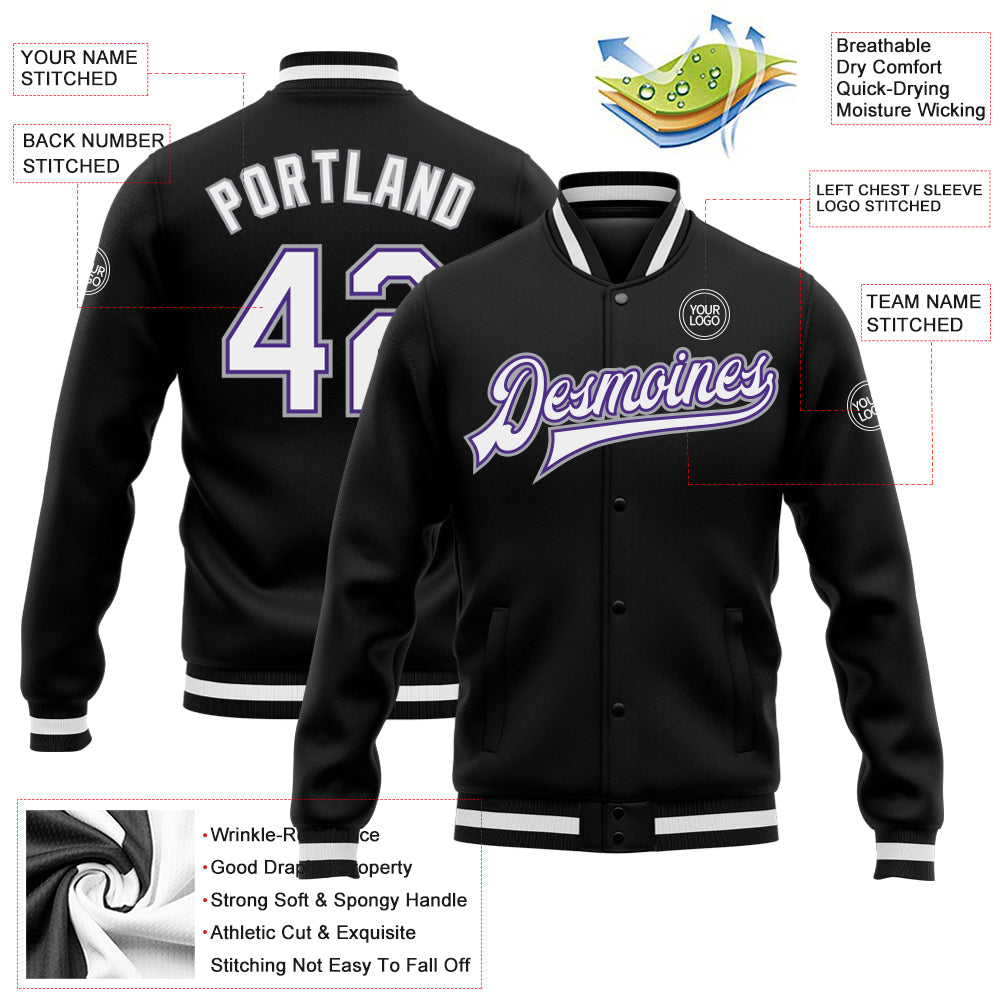 Custom Black White Purple-Gray Bomber Full-Snap Varsity Letterman Jacket view 5