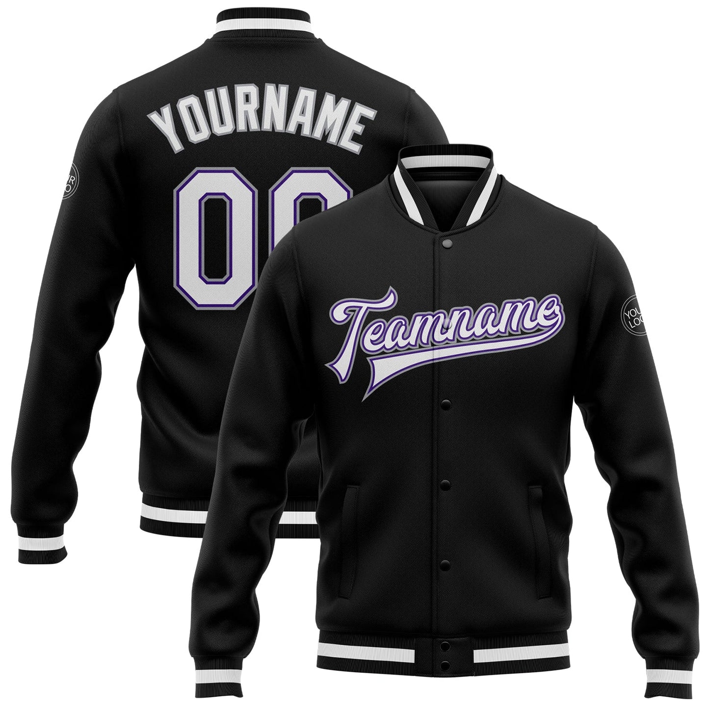 Custom Black White Purple-Gray Bomber Full-Snap Varsity Letterman Jacket - Main View