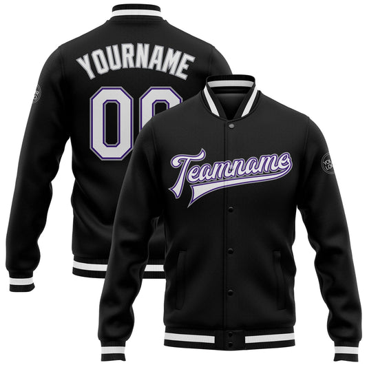 Custom Black White Purple-Gray Bomber Full-Snap Varsity Letterman Jacket - Main View