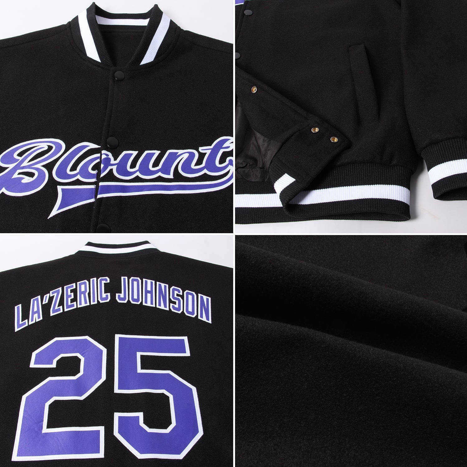 Custom Black Purple-White Bomber Full-Snap Varsity Letterman Jacket view 4