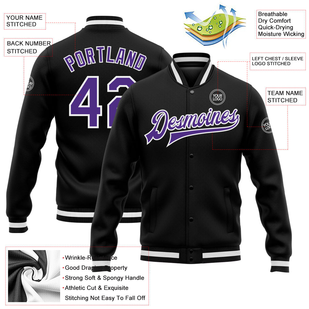 Custom Black Purple-White Bomber Full-Snap Varsity Letterman Jacket view 5