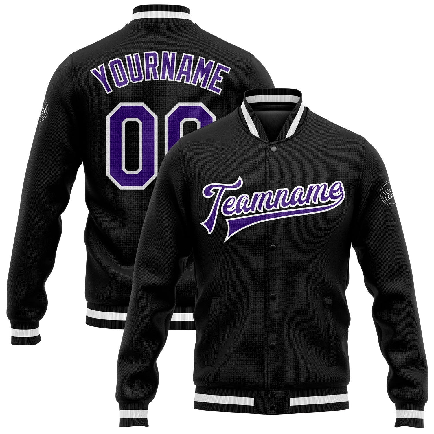 Custom Black Purple-White Bomber Full-Snap Varsity Letterman Jacket - Main View