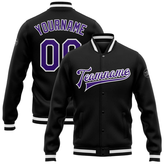 Custom Black Purple-White Bomber Full-Snap Varsity Letterman Jacket - Main View