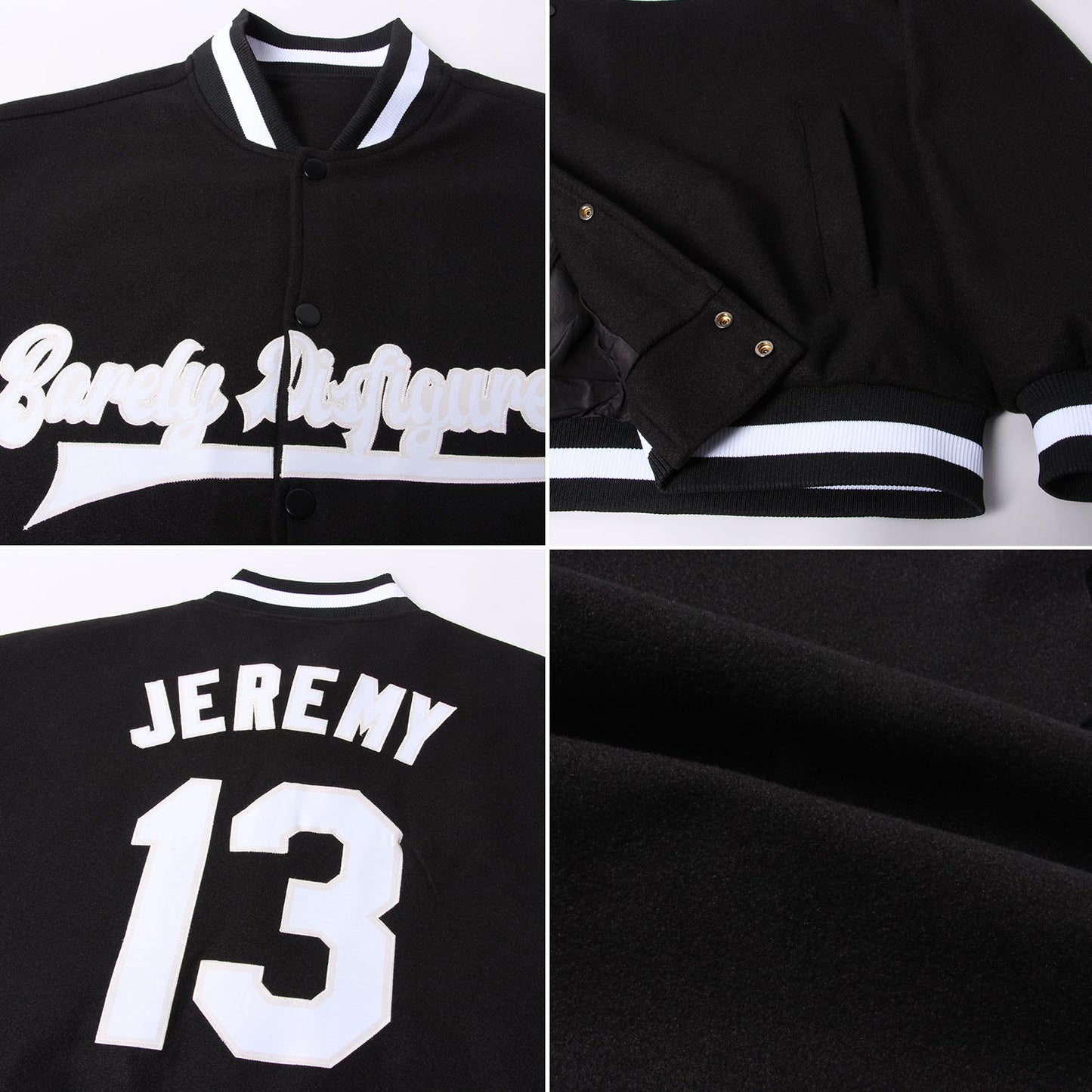 Custom Black White-Cream Bomber Full-Snap Varsity Letterman Jacket view 4