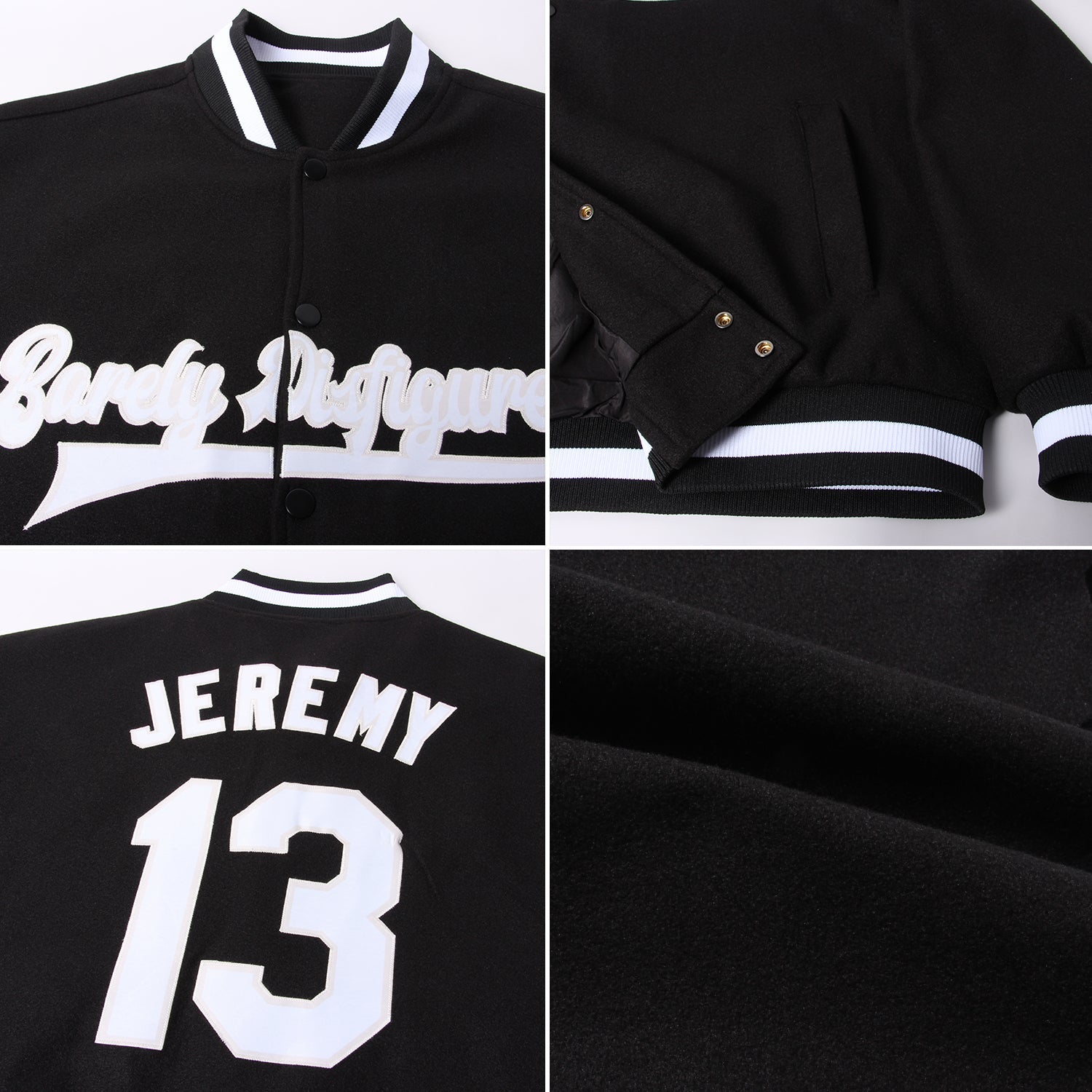 Custom Black White-Cream Bomber Full-Snap Varsity Letterman Jacket view 4