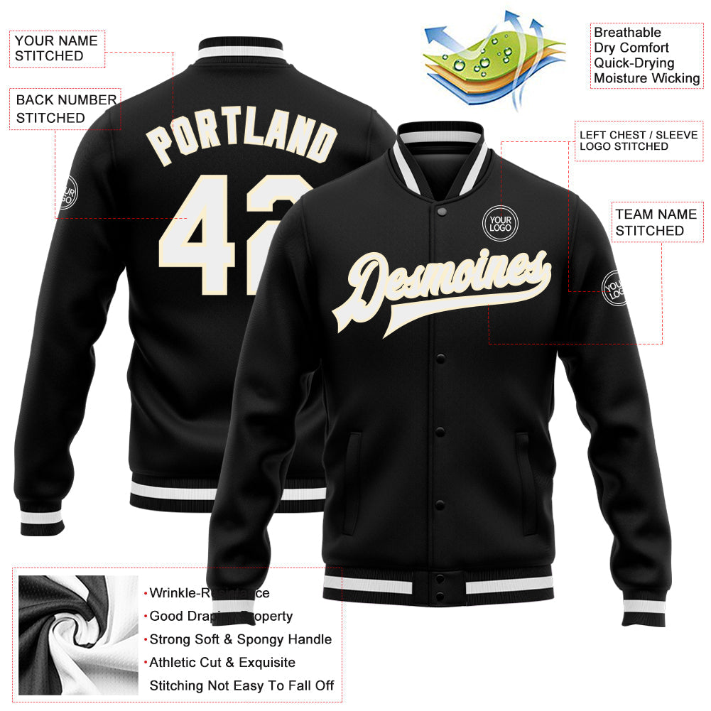 Custom Black White-Cream Bomber Full-Snap Varsity Letterman Jacket view 5