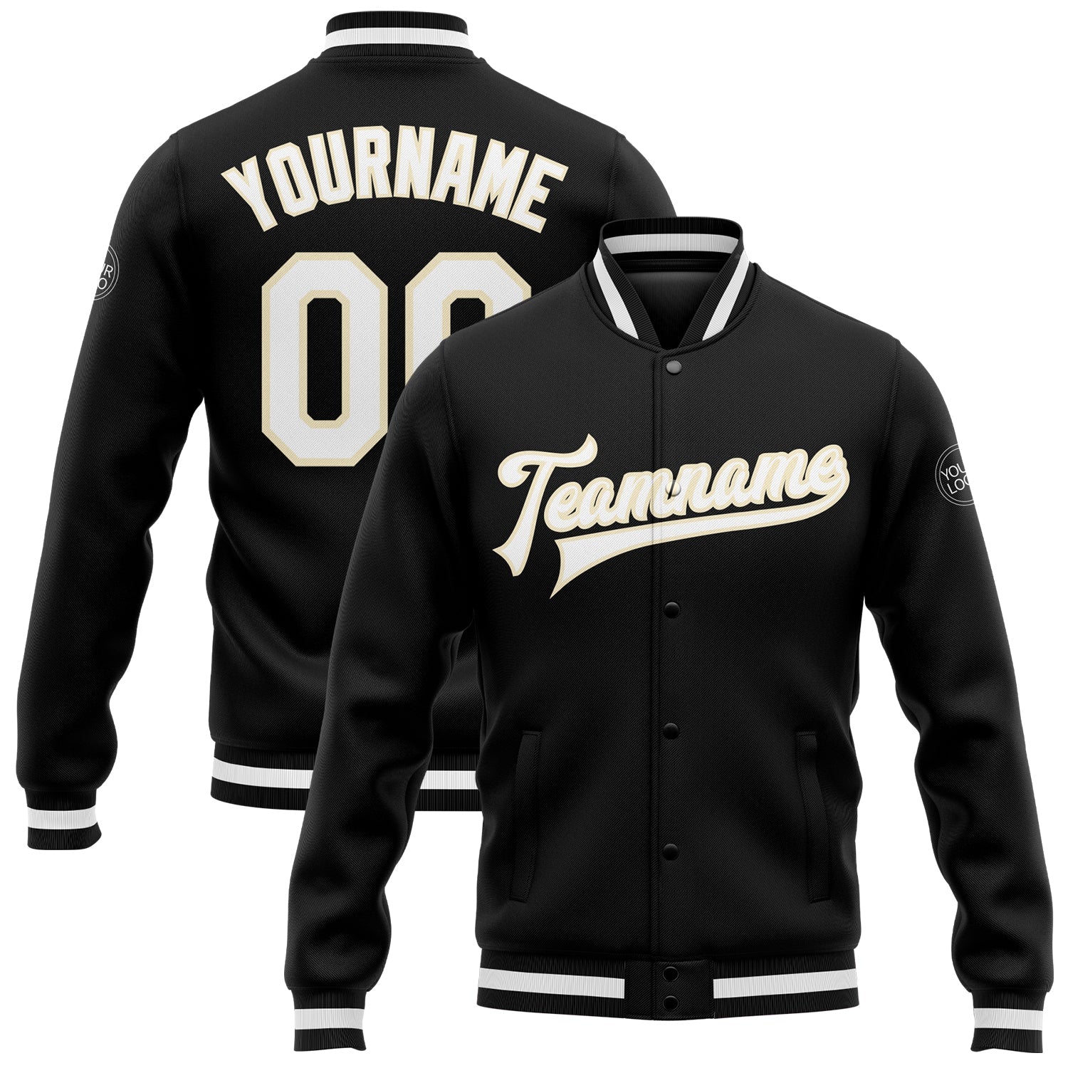 Custom Black White-Cream Bomber Full-Snap Varsity Letterman Jacket - Main View