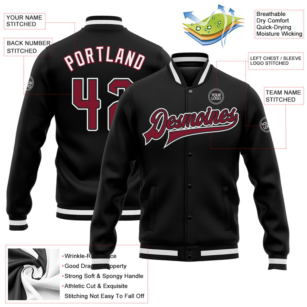 Custom Black Crimson-White Bomber Full-Snap Varsity Letterman Jacket view 5