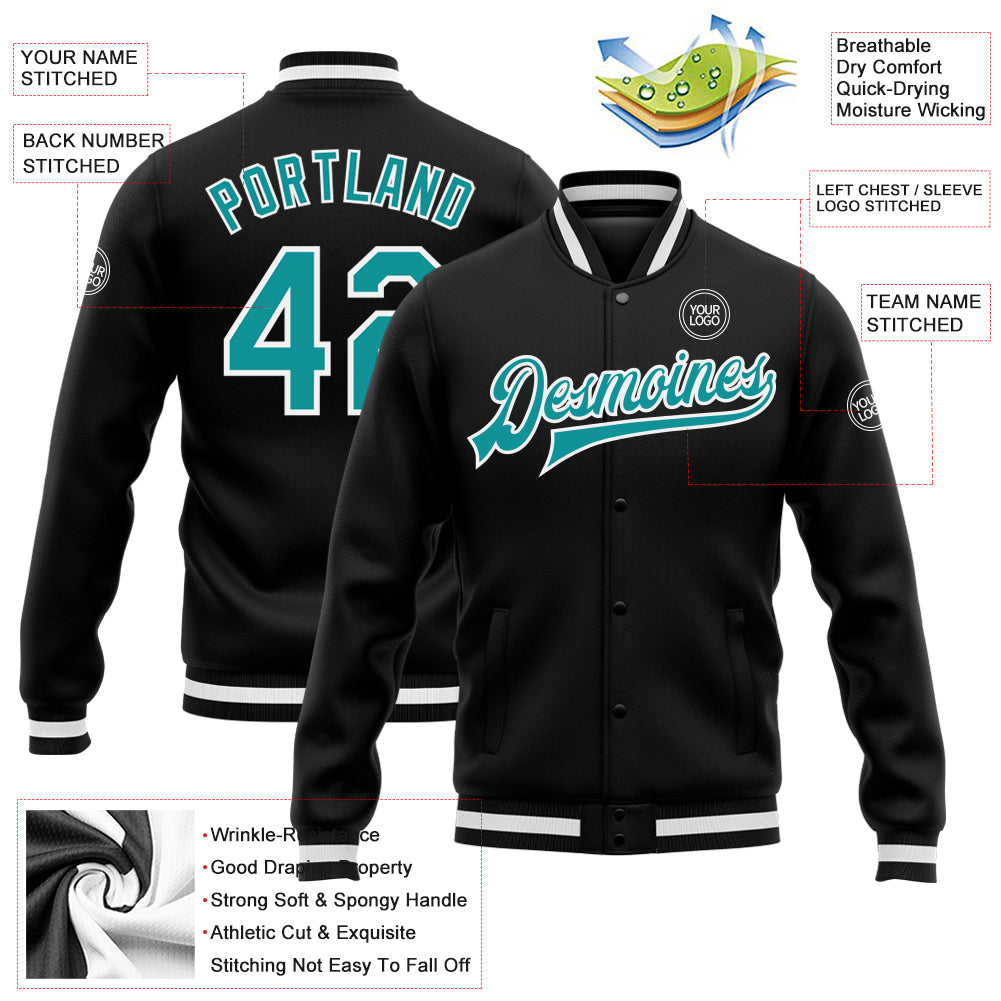 Custom Black Aqua-White Bomber Full-Snap Varsity Letterman Jacket view 5