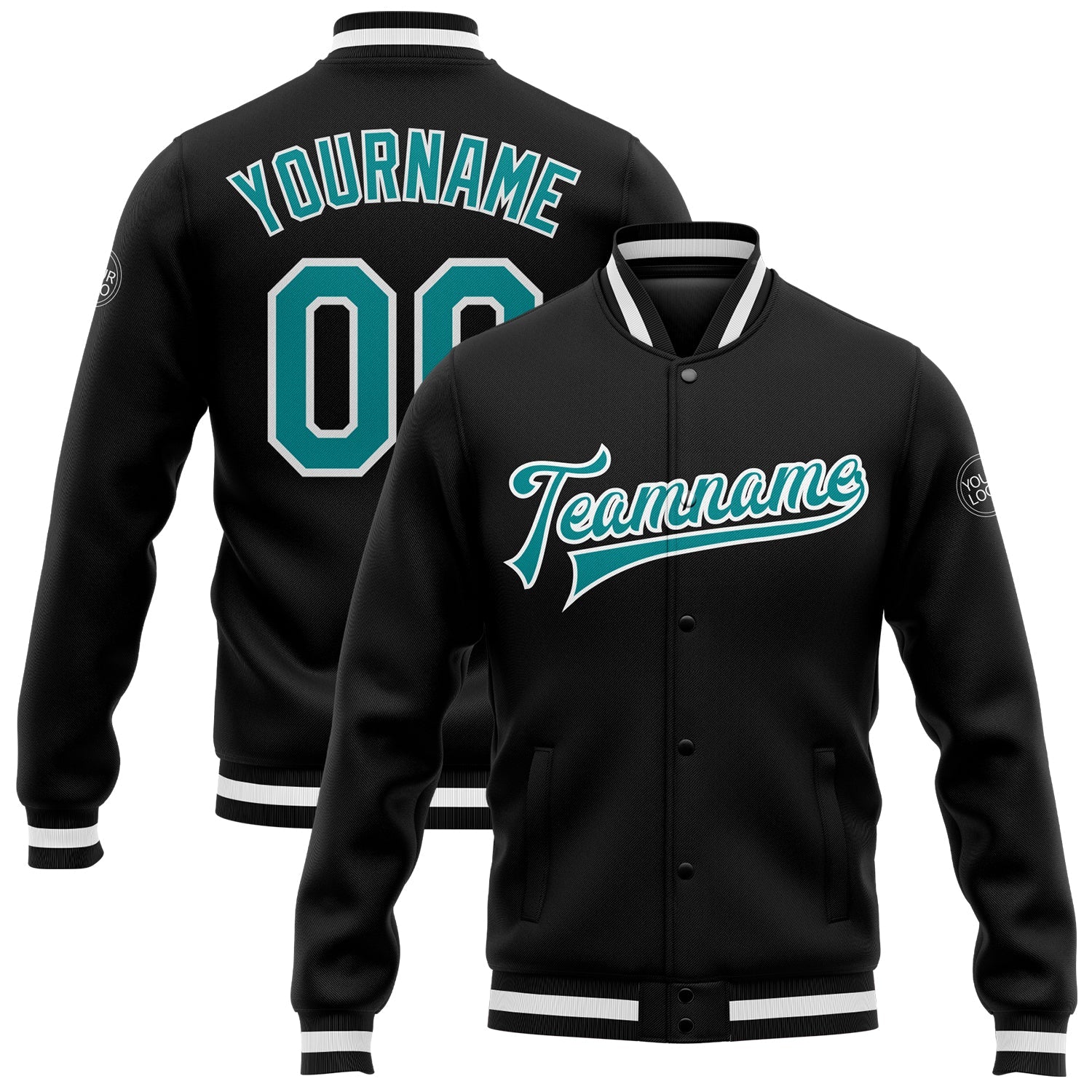 Custom Black Aqua-White Bomber Full-Snap Varsity Letterman Jacket - Main View