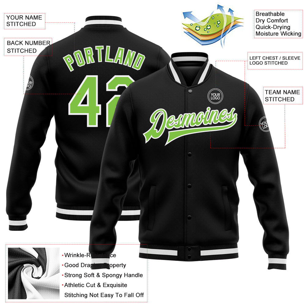 Custom Black Neon Green-White Bomber Full-Snap Varsity Letterman Jacket view 5