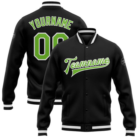 Custom Black Neon Green-White Bomber Full-Snap Varsity Letterman Jacket - Main View