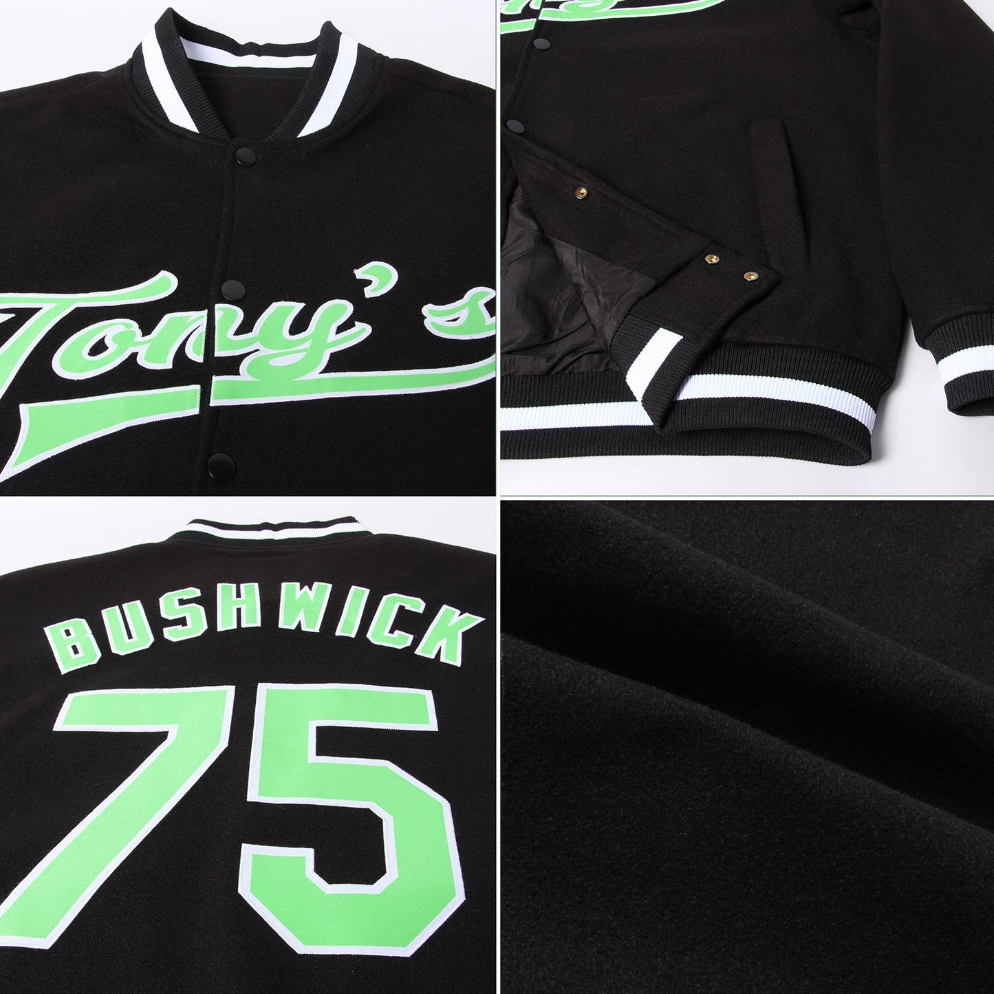 Custom Black Pea Green-White Bomber Full-Snap Varsity Letterman Jacket view 4