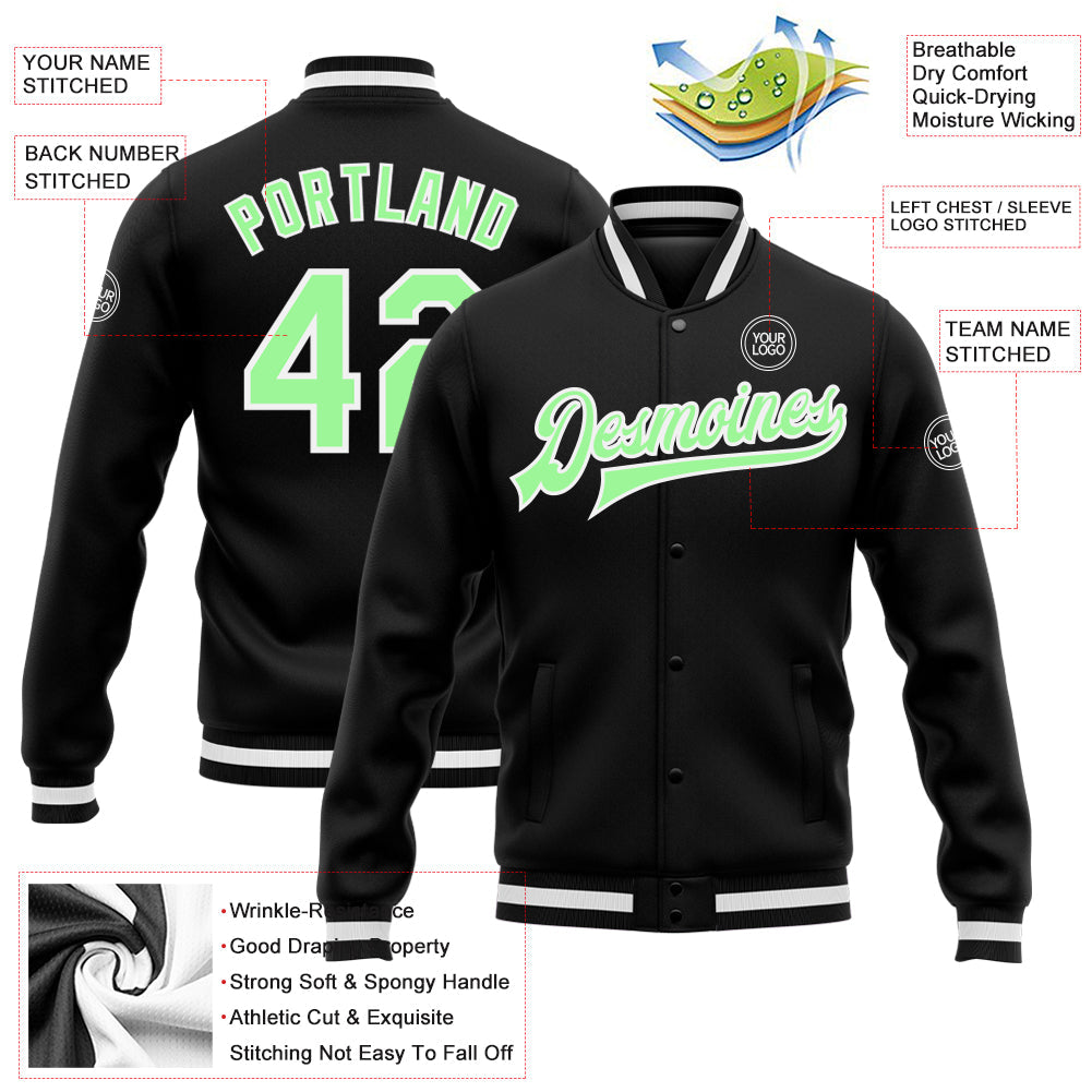 Custom Black Pea Green-White Bomber Full-Snap Varsity Letterman Jacket view 5