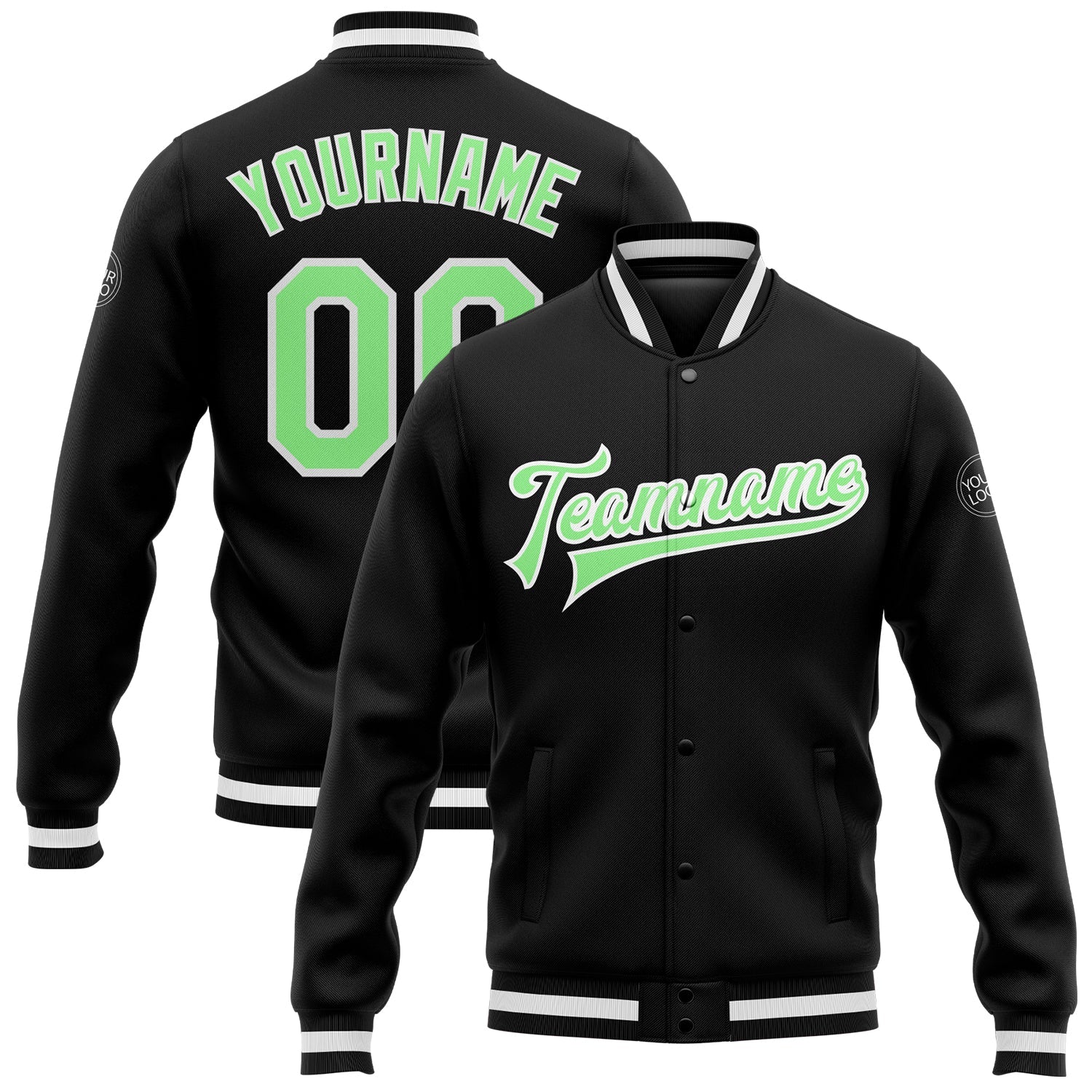 Custom Black Pea Green-White Bomber Full-Snap Varsity Letterman Jacket - Main View
